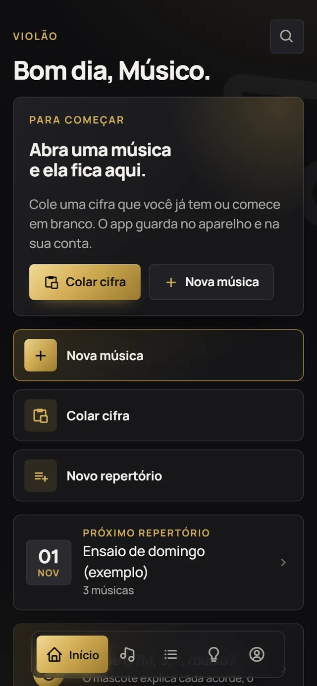 A tela de início do app no celular